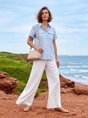 Light Blue Short-Sleeve Button Shirt with White Wide-Leg Pants